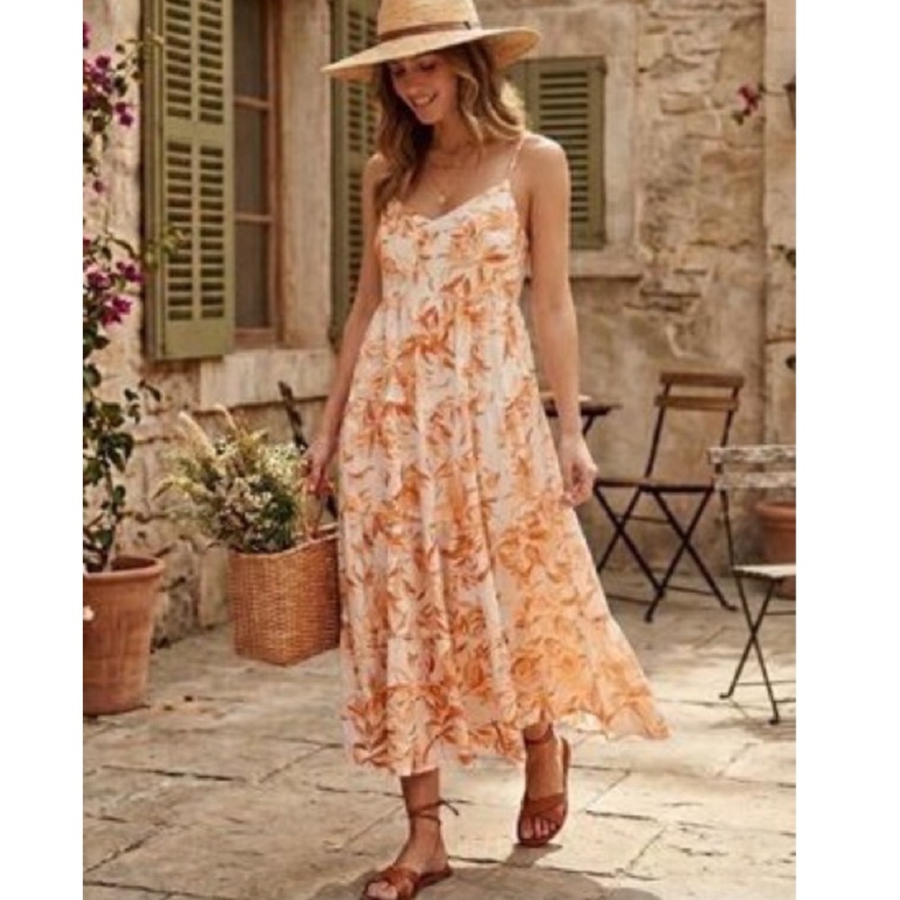 Abercrombie & Fitch Floral Tiered Maxi Dress Womens Size S Orange Linen Blend - Picture 2 of 15